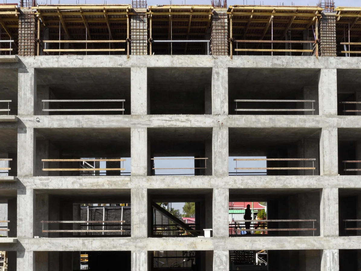 Architectural construction photography, natural daylight, a concrete-framed building under construction seen in a wide e
