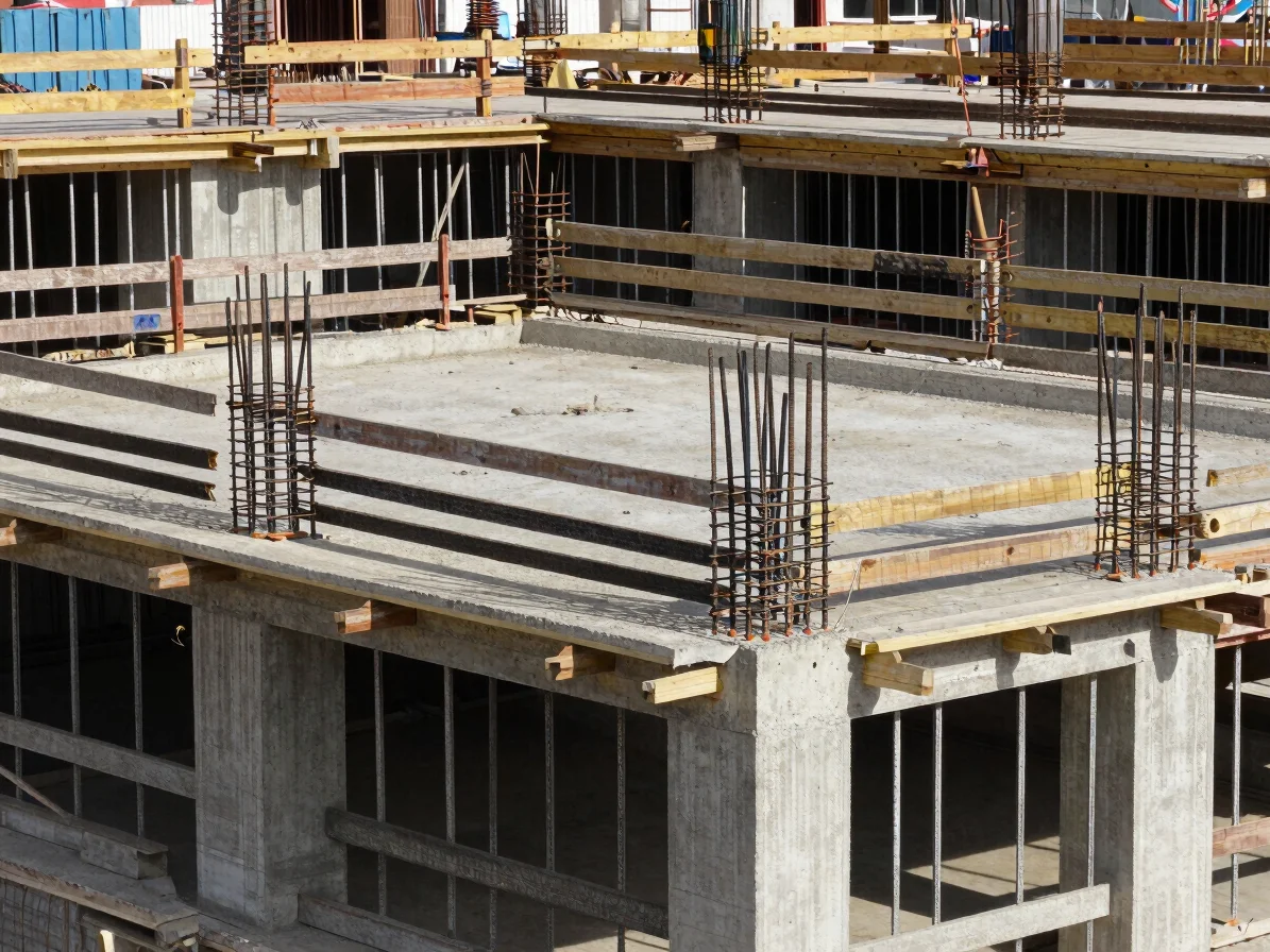Architectural construction detail, natural daylight, close view of structural steel reinforcement and formwork on a buil