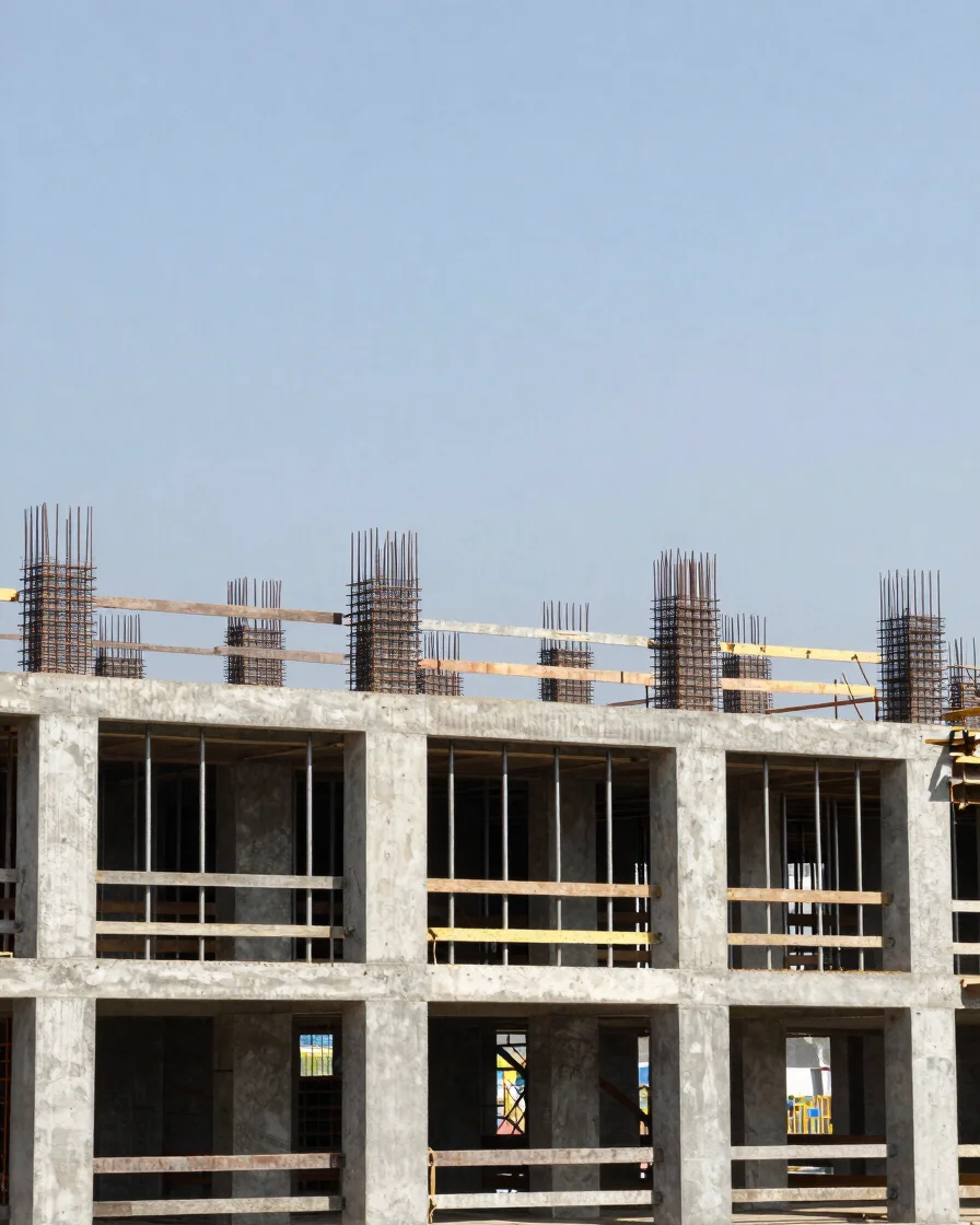 Architectural construction photograph of a reinforced concrete building frame under natural daylight, wide-angle view, r
