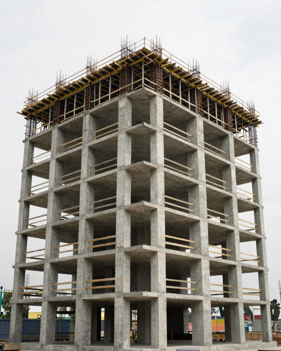 Wide-angle architectural construction photograph of a multi-storey reinforced concrete building under construction, natu