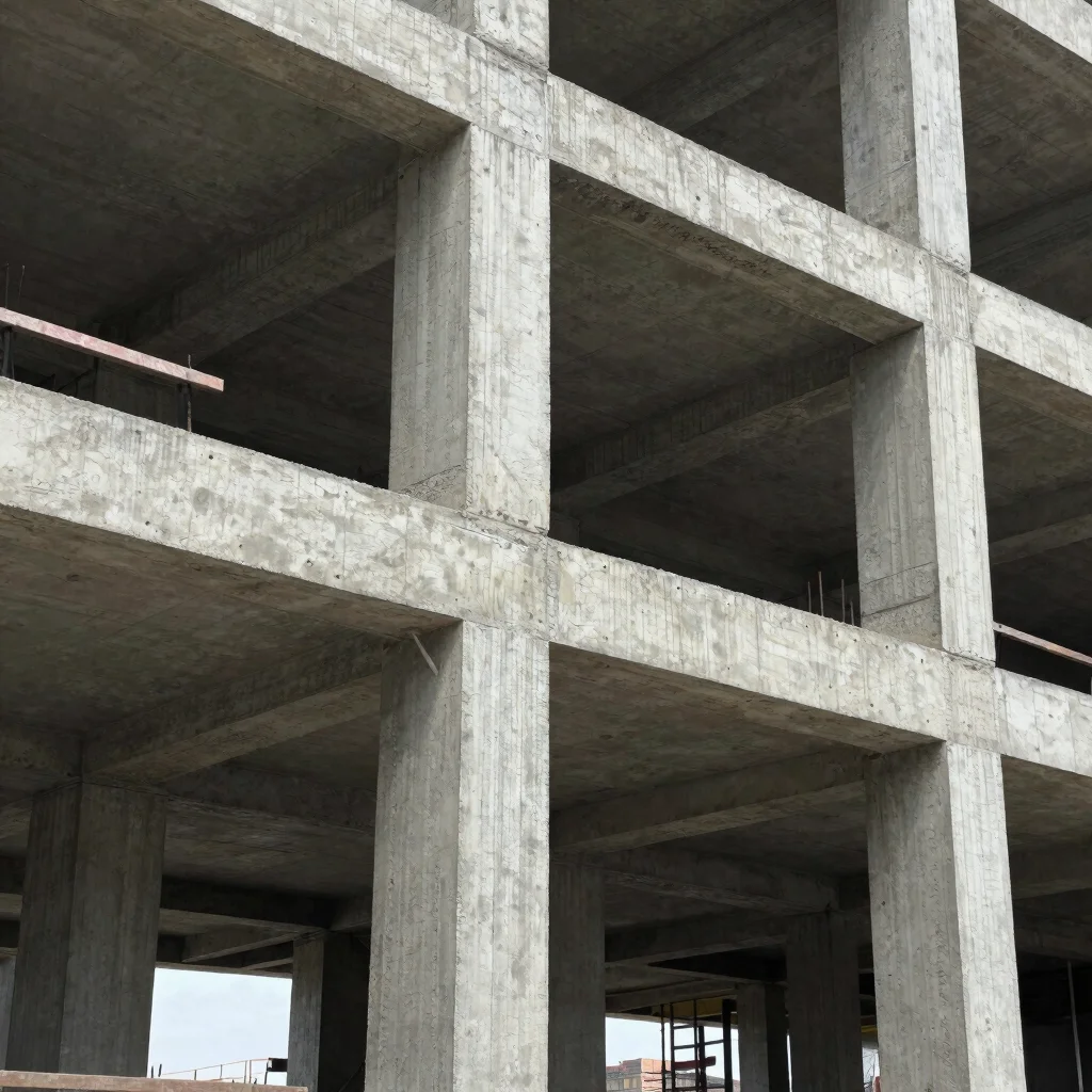 Close architectural detail of exposed reinforced concrete beams and columns on a building under construction, honest nat