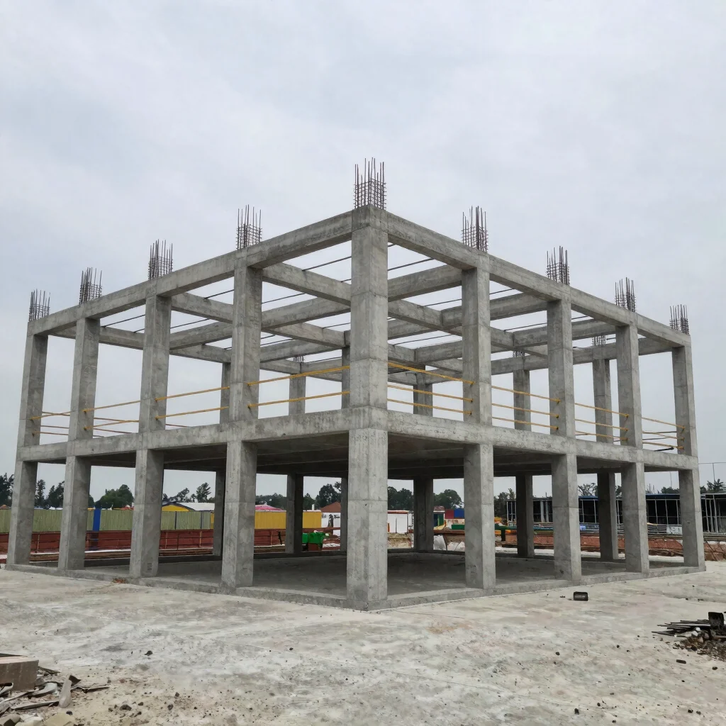 Steel and concrete structural framework of a commercial building, wide-angle view, overcast natural light, practical con