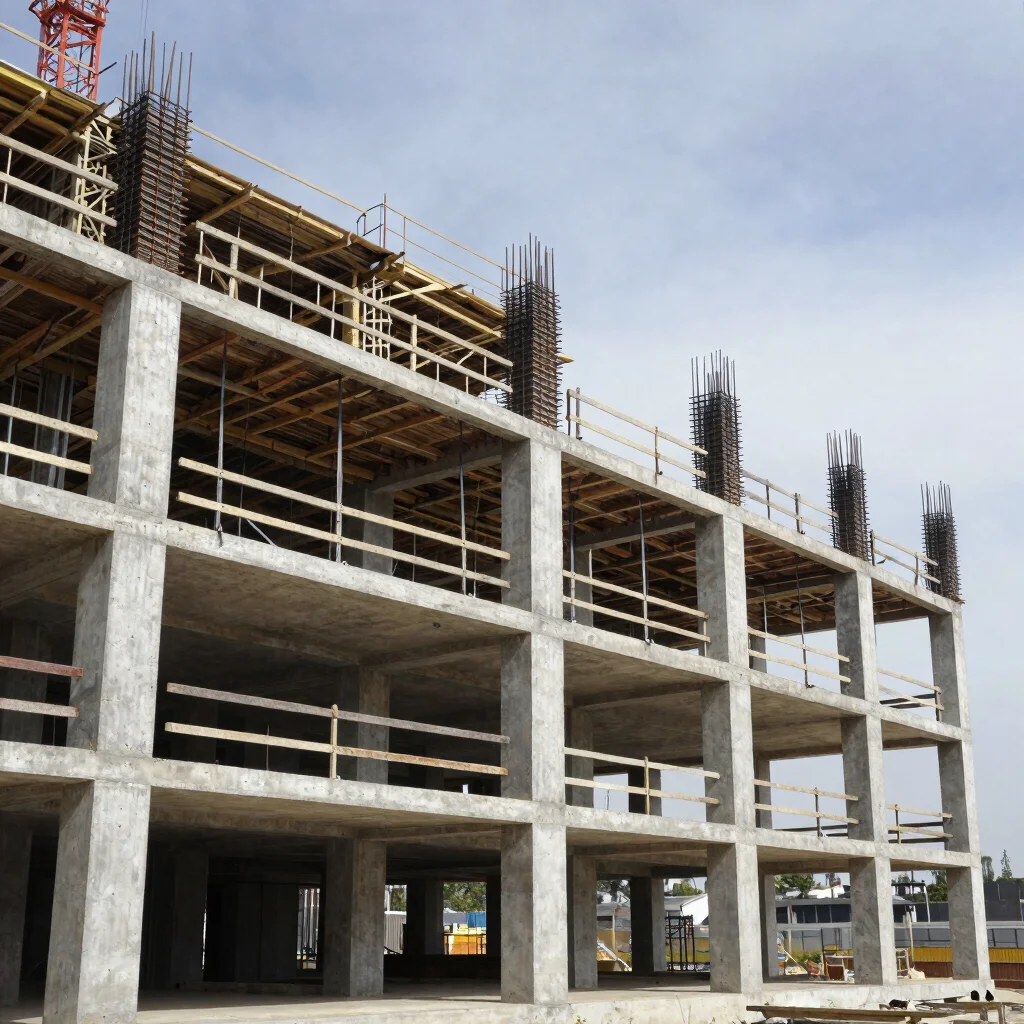 Wide architectural construction photograph of a reinforced concrete building frame under natural daylight, restrained co